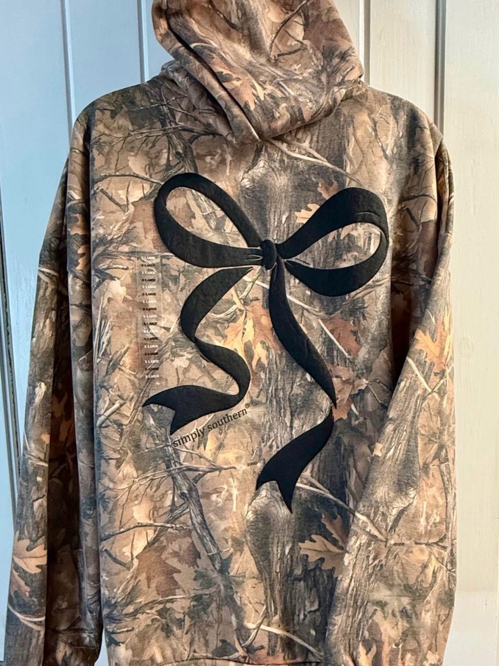 Simply Southern Brown Camo Hoodie with Black Bow